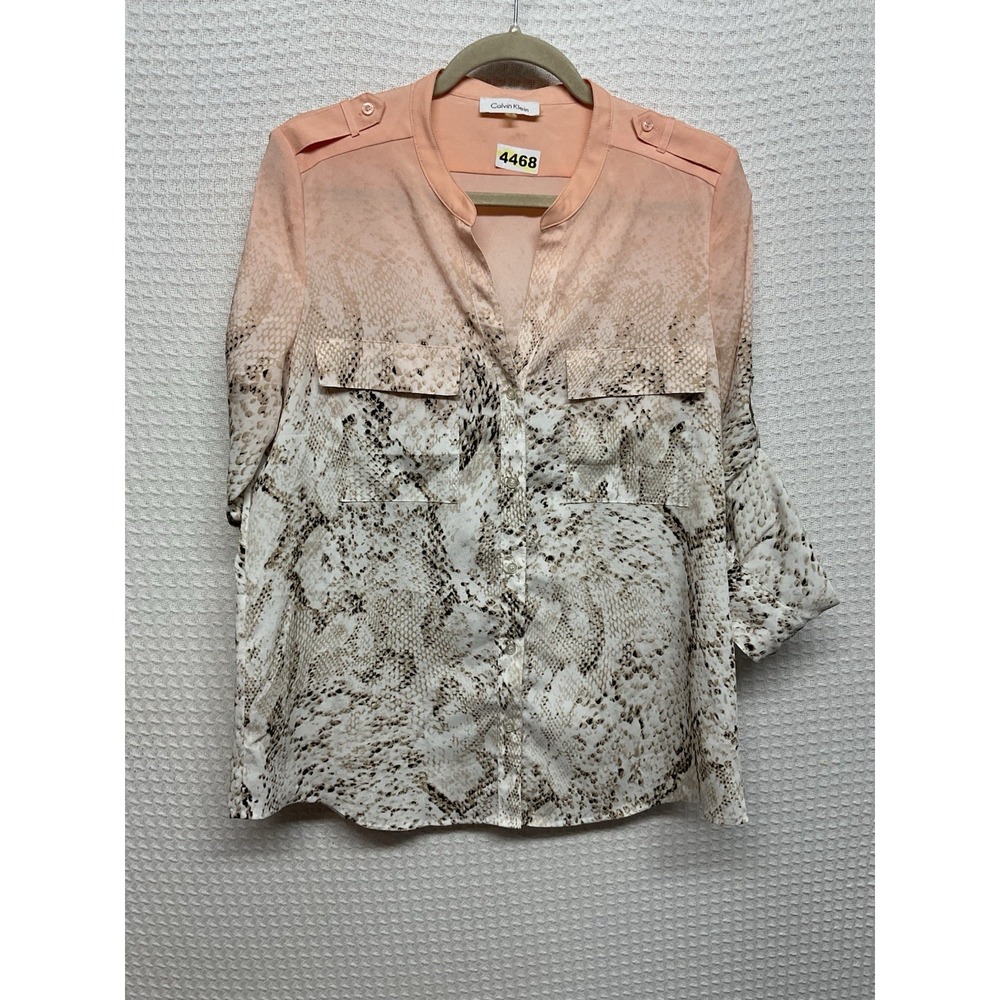Calvin Klein Womens Long Roll Tab Sleeve Snake Print VNeck Blouse Salmon Gray L